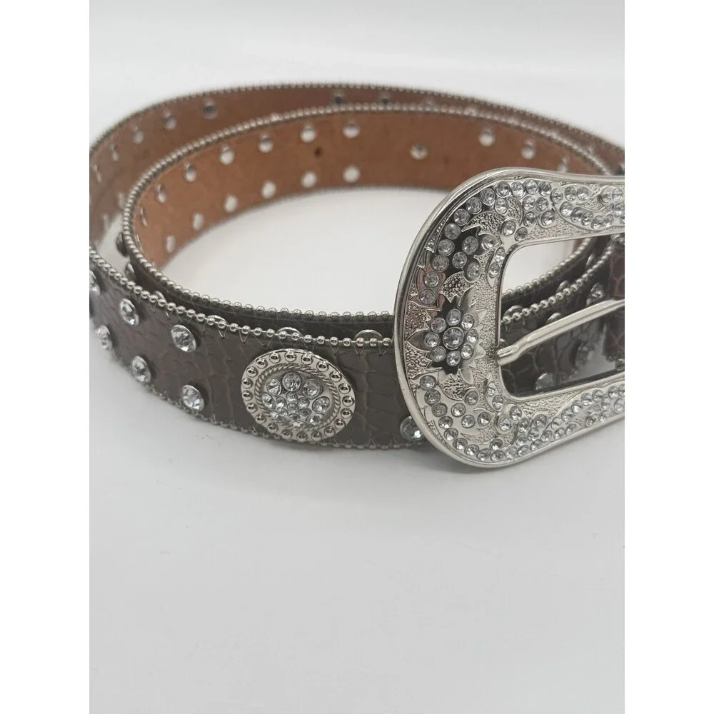 Studded Rhinestone Brown‎ Leather Alligator Western Belt Plus XXL Bling 52” READ